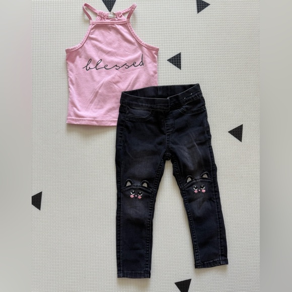 H&M|Baby girl,toddler grey skinny jeans w Cat design & ‘Blessed' Tank Top•••2T - Picture 1 of 5